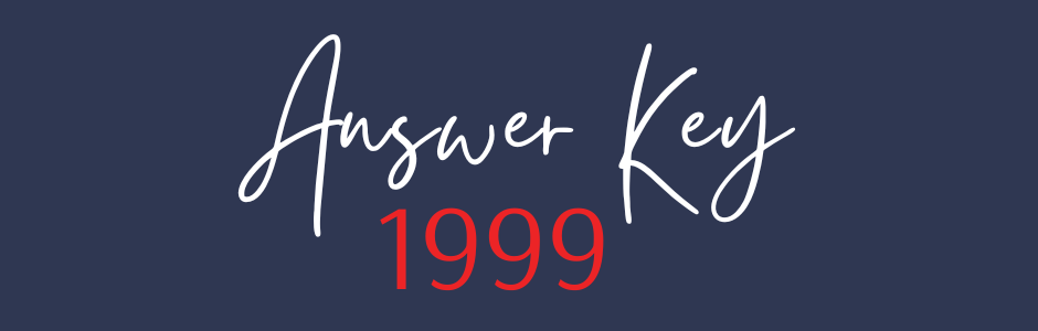 Handwritten-style text: 'Answer Key' in white with red '1999' on a dark blue background.