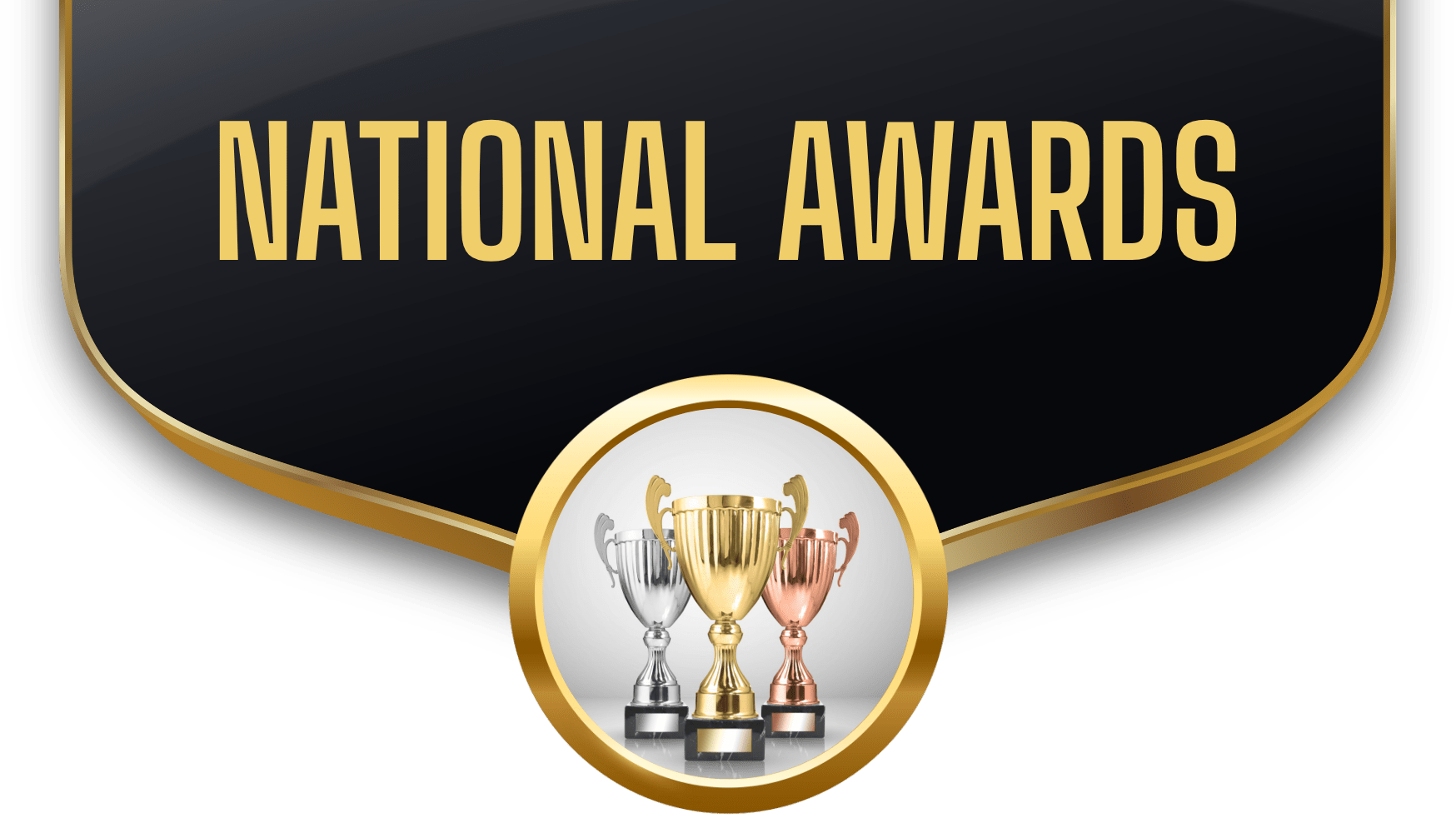 National Awards banner with gold lettering on a dark gradient background and a circular trophy emblem showing three trophies