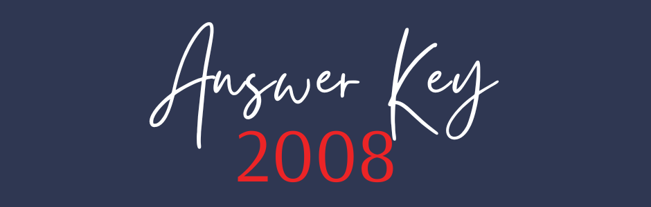 White cursive text 'Answer Key' above red '2008' on a navy blue background for a title slide.