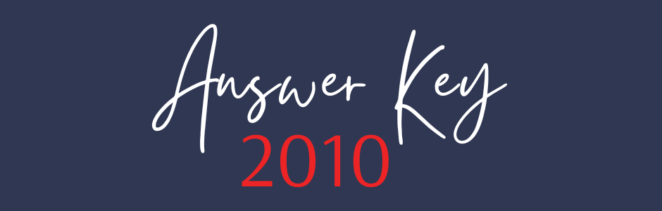 White cursive text 'Answer Key' with red '2010' on a dark blue background, showing a title or cover slide feel.