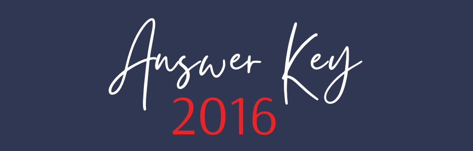 Answer Key 2016 title in white cursive on a dark blue background with a red 2016 beneath.