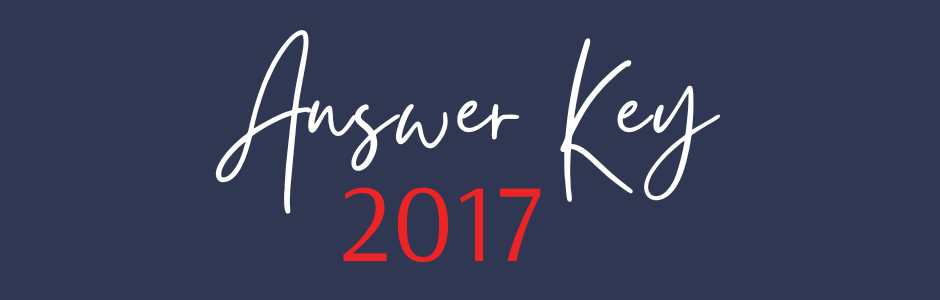 Answer Key 2017 on a dark blue background in white cursive text with red 2017.