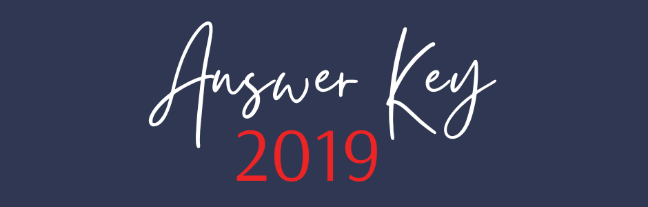 Answer Key 2019 graphic with white script text on a dark blue background, red '2019' accent.
