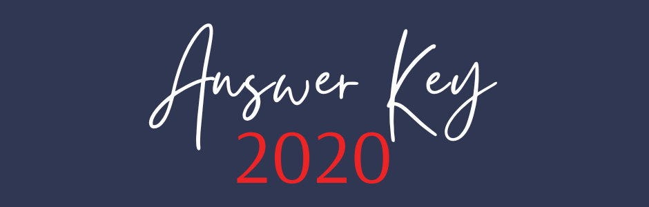 "Answer Key 2020" in white cursive lettering on a dark blue background, with 2020 in red as a title card