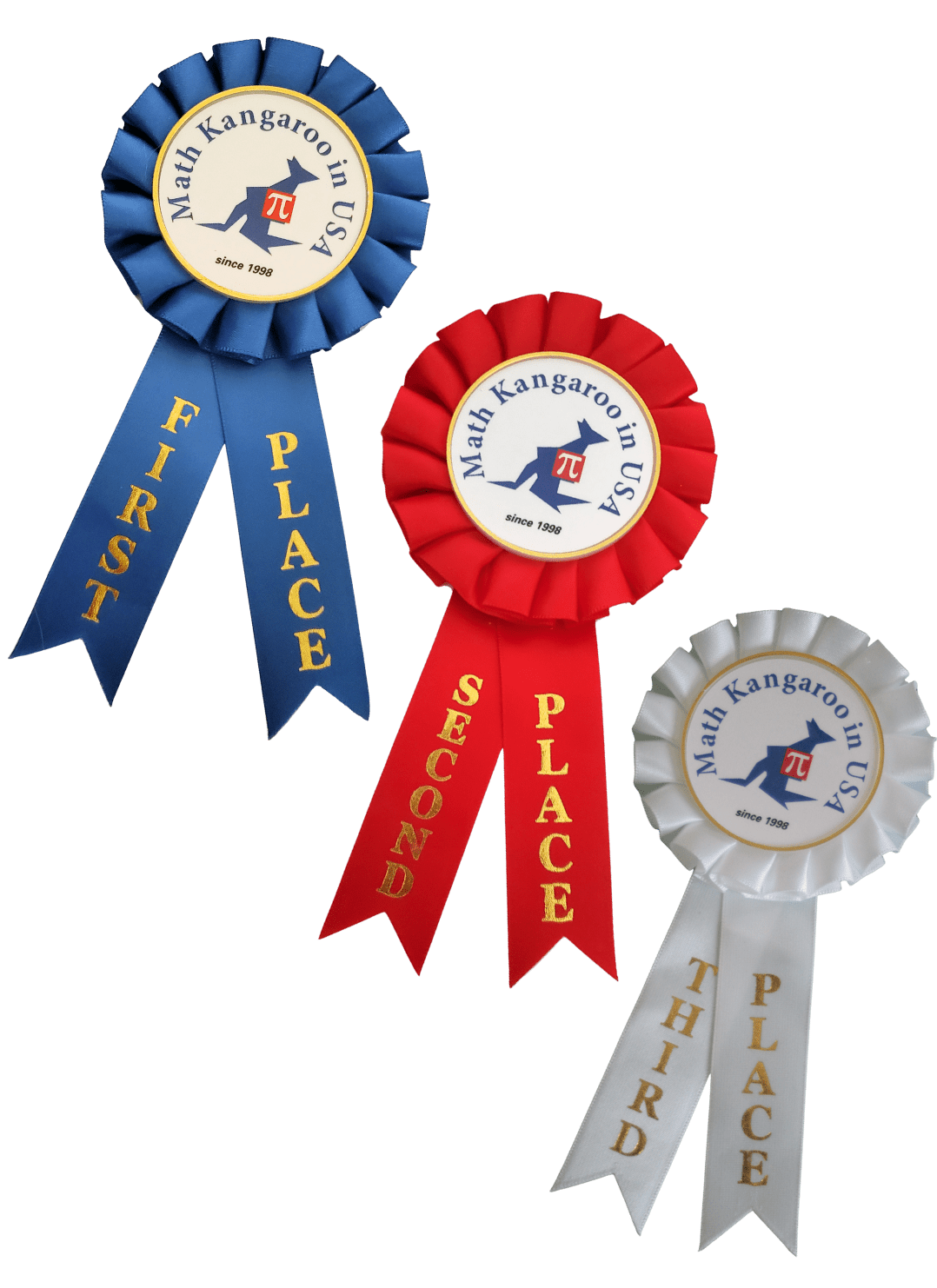Blue first-place ribbon with a circular Math Kangaroo in USA seal and gold trim on the edge
