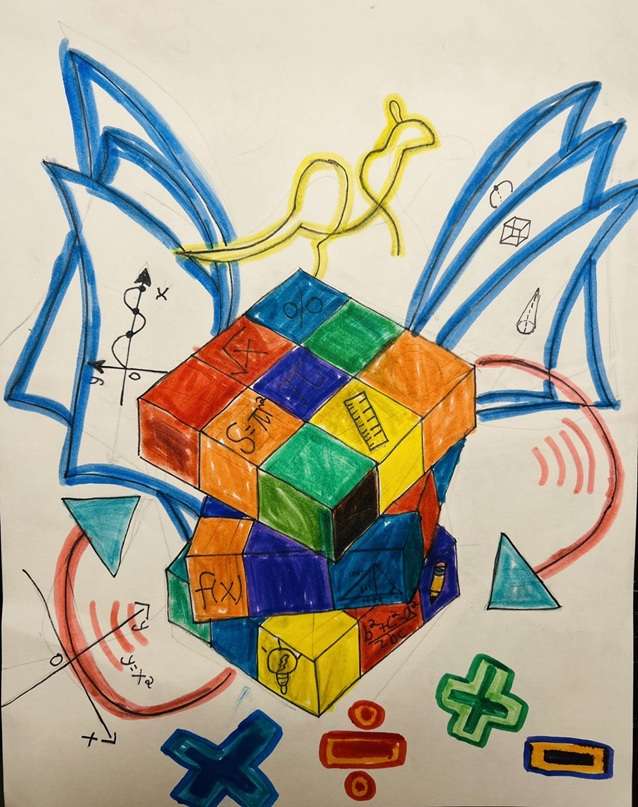 Colorful child’s drawing of a Rubik’s Cube with red, orange, yellow, green, blue, and purple faces, with blue wings on both sides and a yellow stick figure above, surrounded by math symbols and shapes.