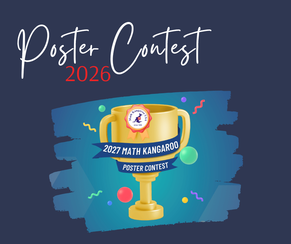 Dark blue background with handwritten 'Poster Contest 2026' and a gold trophy on a blue brushstroke, ribbon reads '2027 Math Kangaroo Poster Contest'.