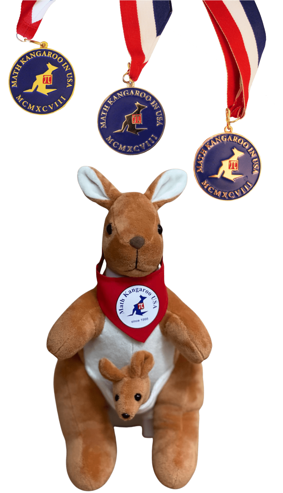 Plush kangaroo wearing a red bandana with a Math Kangaroo USA badge; three medals hang above it.