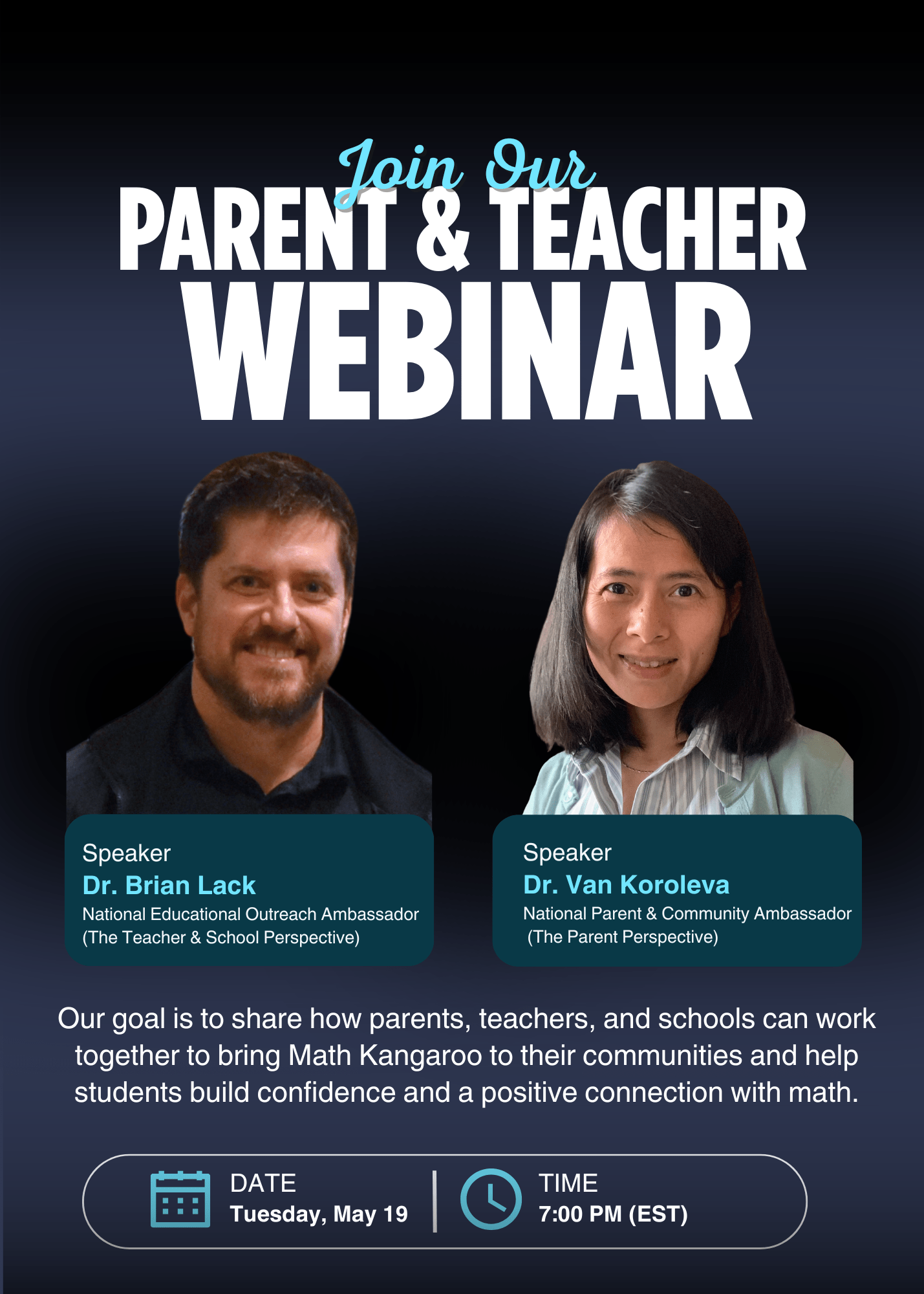 Promotional banner for a Parent & Teacher Webinar featuring Dr. Brian Lack and Dr. Van Koroleva with date and time at bottom.