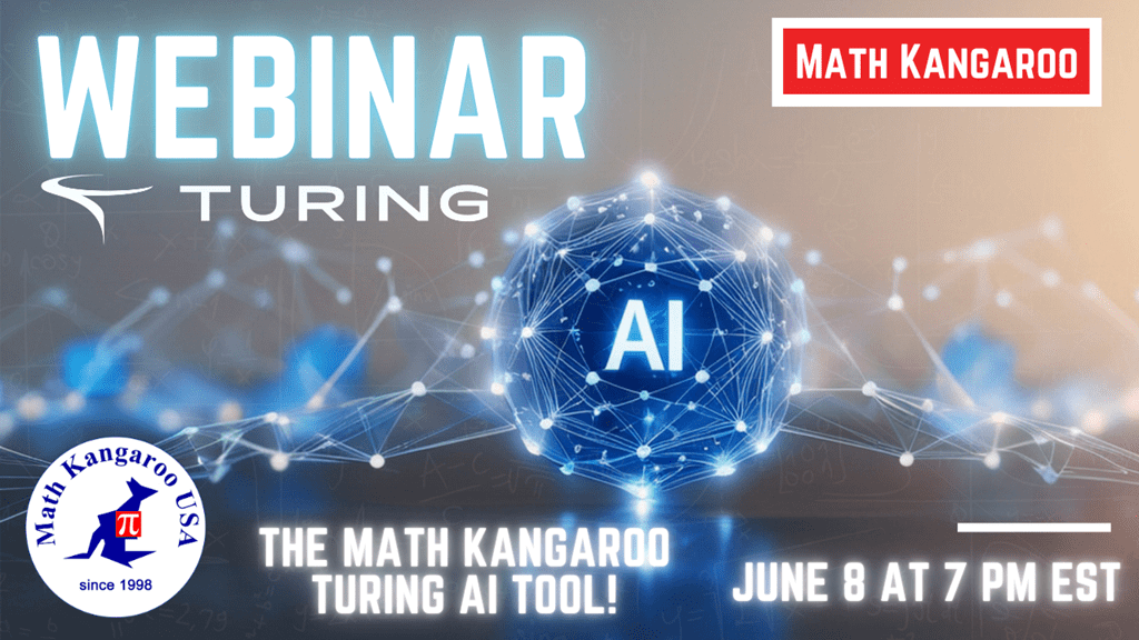 Webinar promo banner for Math Kangaroo Turing AI tool, featuring a glowing AI network sphere and logos