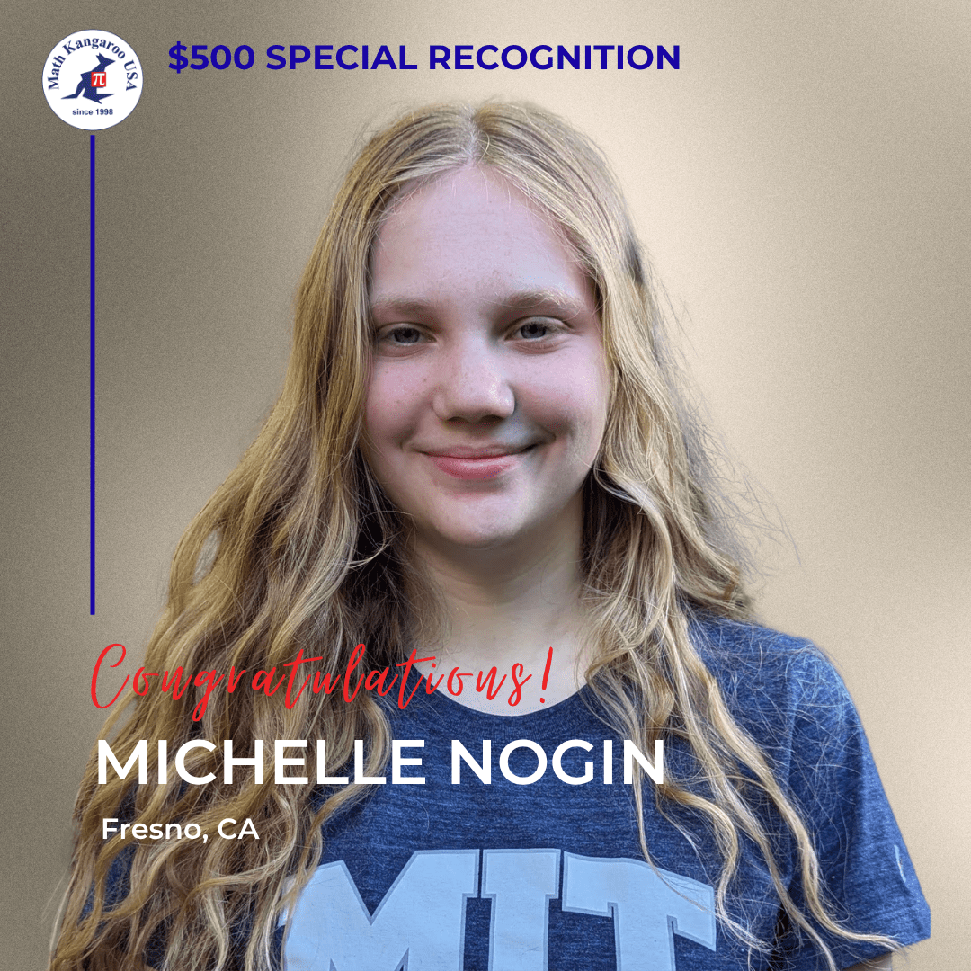 Portrait of Michelle Nogin with an award banner reading '$500 Special Recognition' and 'Congratulations!' over a beige backdrop; Fresno, CA noted.