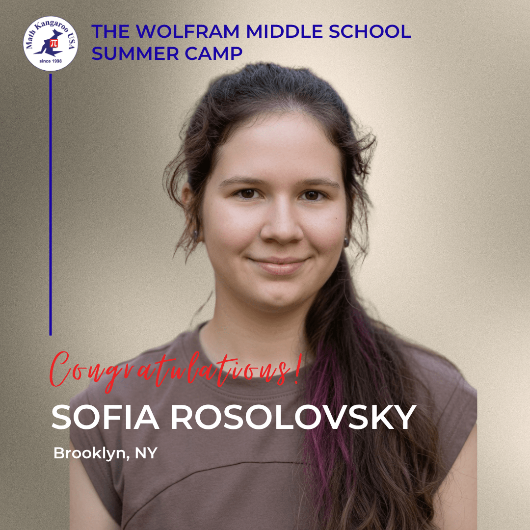 Smiling portrait of Sofia Rosolovsky for The Wolfram Middle School Summer Camp; Brooklyn, NY, with camp logo and 'Congratulations!' text on a beige gradient background.