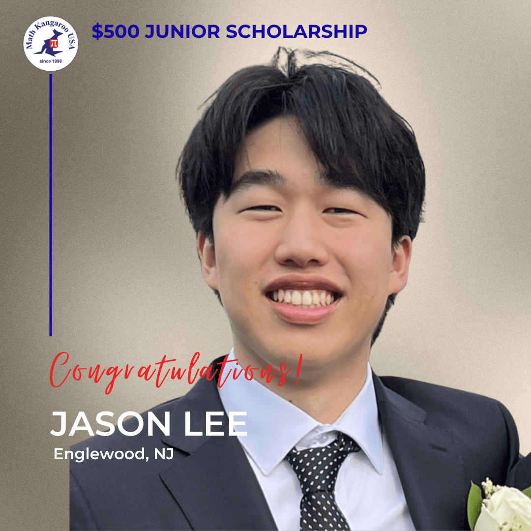 Smiling man in a suit on a scholarship banner reading '$500 Junior Scholarship' for Jason Lee, Englewood, NJ; Math Kangaroo USA logo on the left.