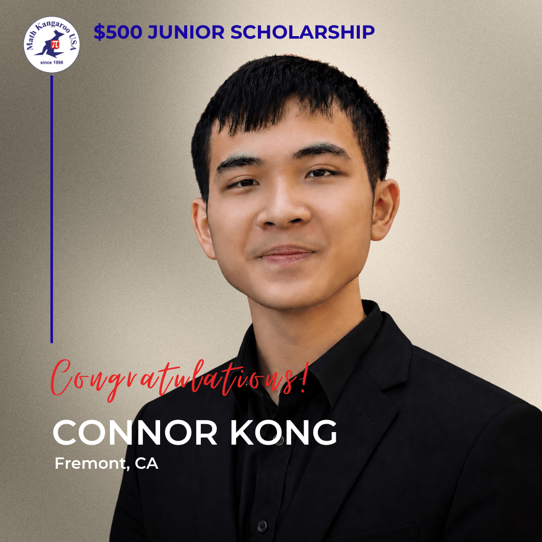 Portrait of Connor Kong in a black suit, announcing the $500 Junior Scholarship for Fremont, CA, with the logo in the top-left.