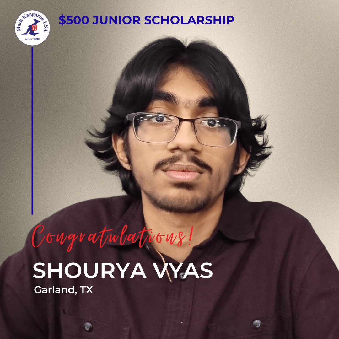 Portrait of Shourya Vyas with a $500 Junior Scholarship banner, Garland, TX, and 'Congratulations!' text alongside a logo in the corner.