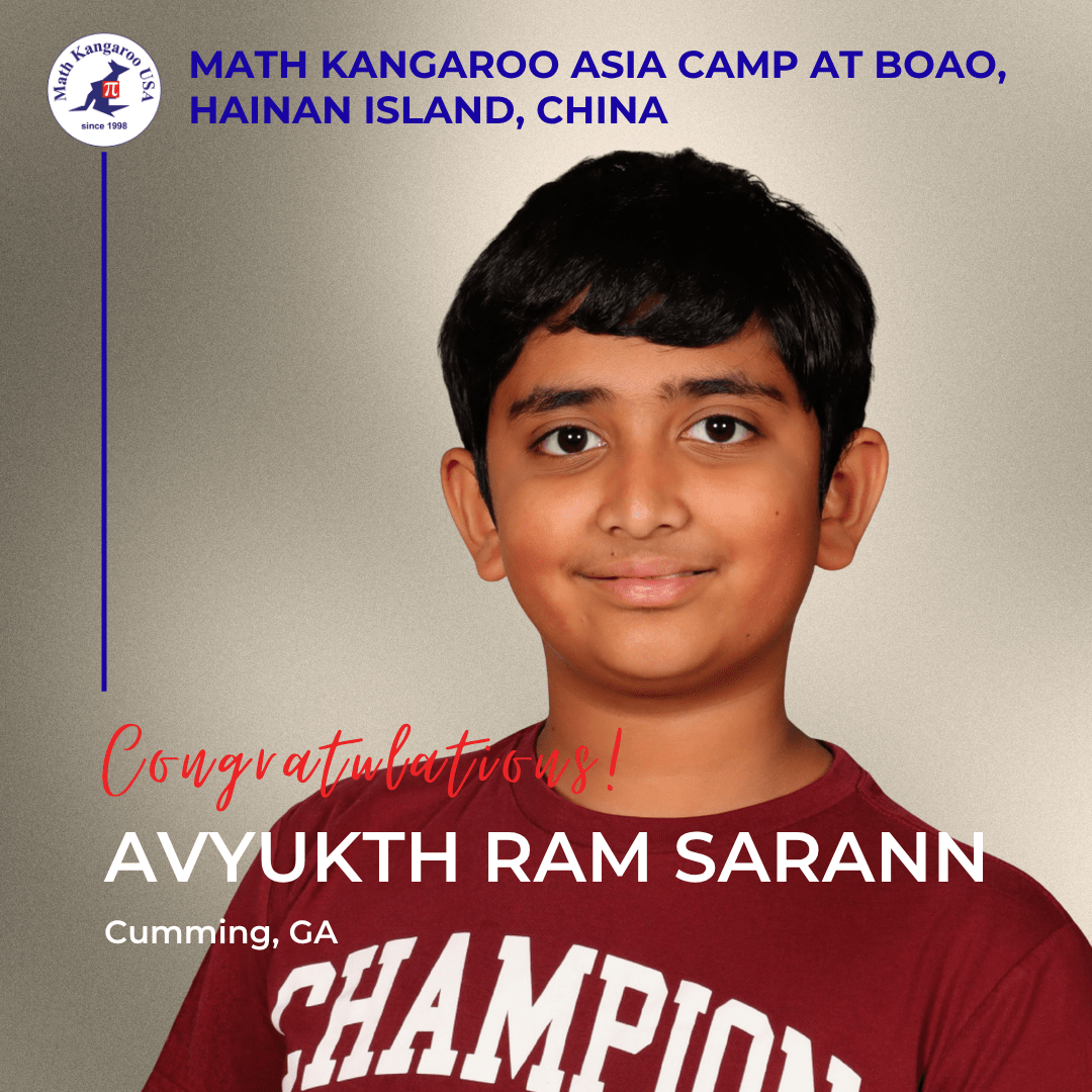 Portrait of a smiling boy in a red CHAMPION shirt on a beige gradient background, with 'Congratulations! AVYUKTH RAM SARANN, Cumming, GA' text nearby.