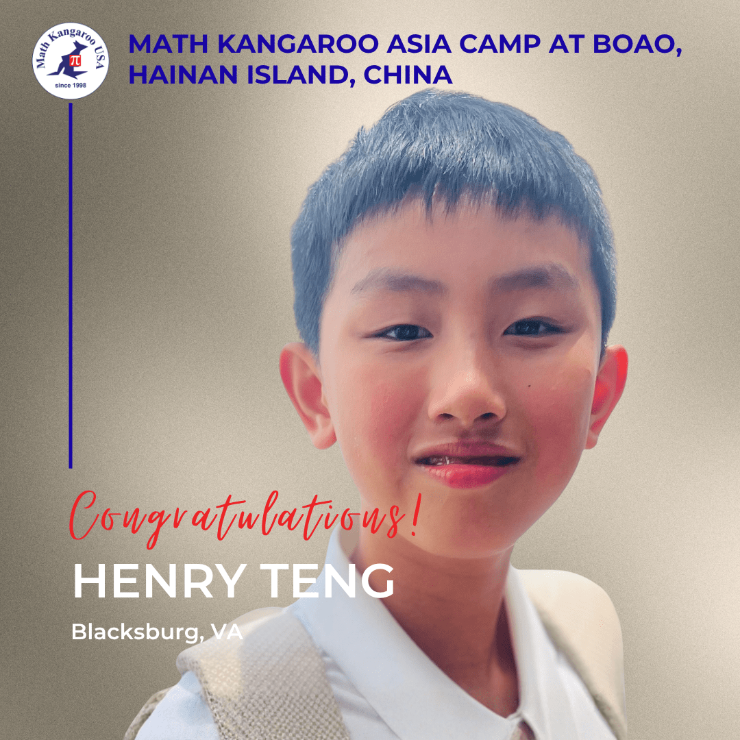 Smiling boy with short hair and backpack; overlay text reads 'Congratulations! HENRY TENG Blacksburg, VA' on a beige gradient, with a logo in the top-left and camp title above.