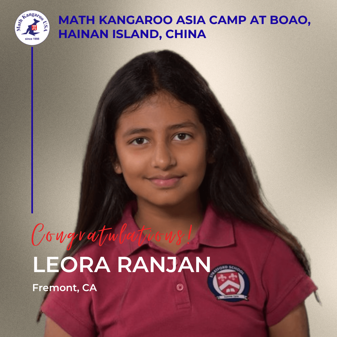 Portrait of Leora Ranjan in a maroon polo shirt with a school crest, smiling as a congratulatory award for Math Kangaroo Asia Camp; Fremont, CA.