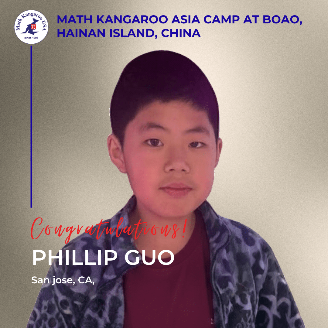 Banner announcing Math Kangaroo Asia Camp in Boao, Hainan Island, China, featuring a portrait of Phillip Guo from San Jose, CA with 'Congratulations' text and Kangaroo USA logo on the left.