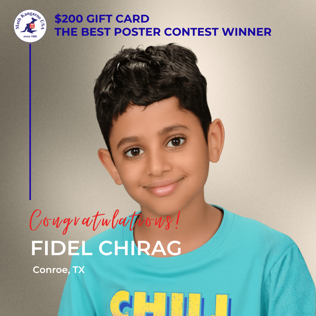 Congratulatory poster for Fidel Chirag from Conroe, TX, winner of the $200 gift card Best Poster Contest, with a school logo on the left.
