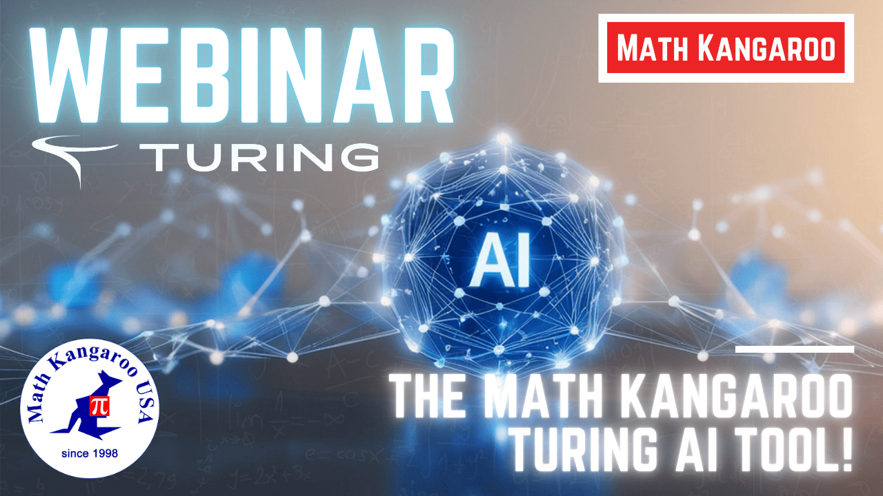 Webinar banner for Math Kangaroo USA: glowing AI sphere, network backdrop, and 'WEBINAR' heading