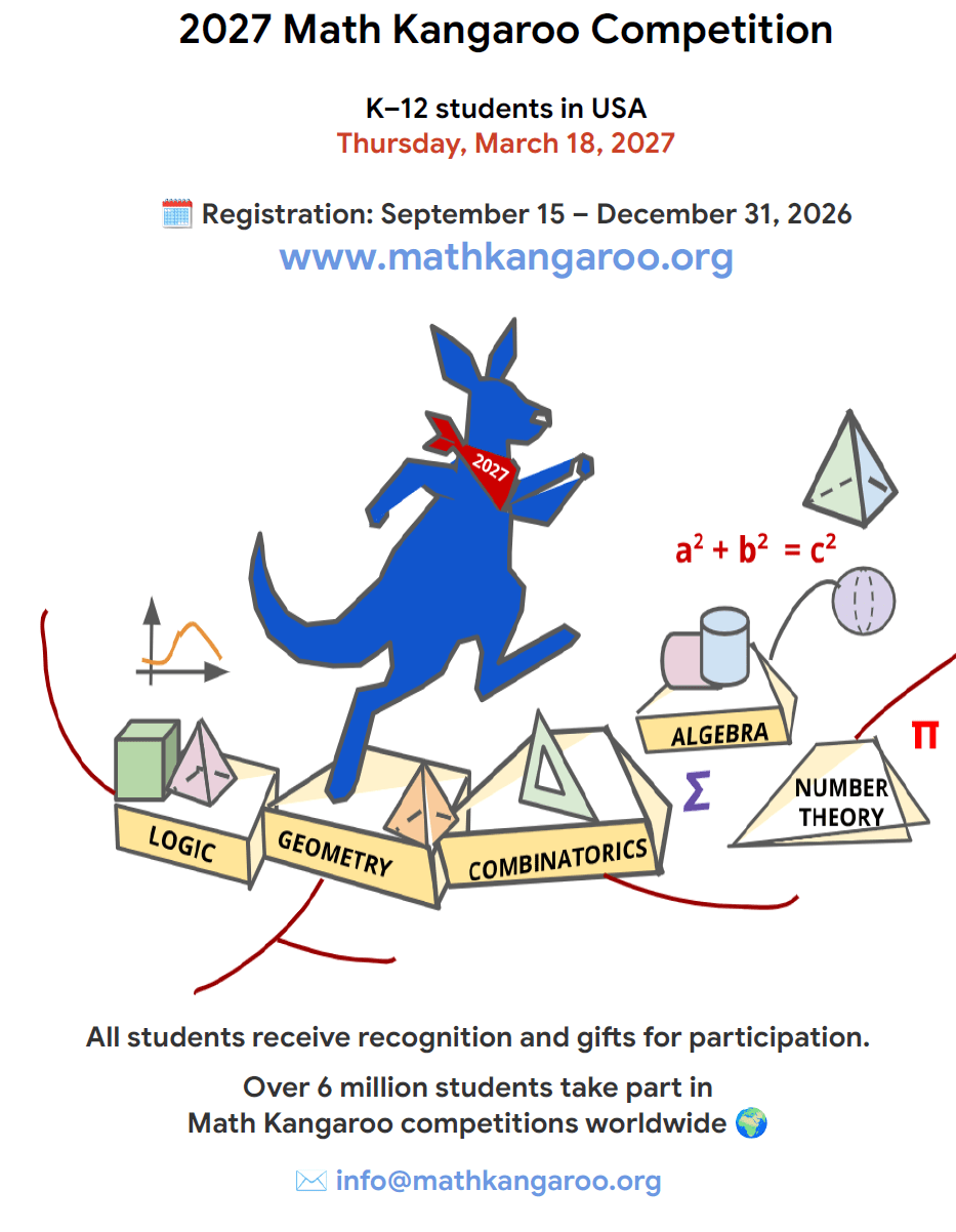 Poster for the 2027 Math Kangaroo Competition with a blue kangaroo, 2027 sash, and blocks labeled Logic, Geometry, Combinatorics, Algebra, Number Theory across a white background.