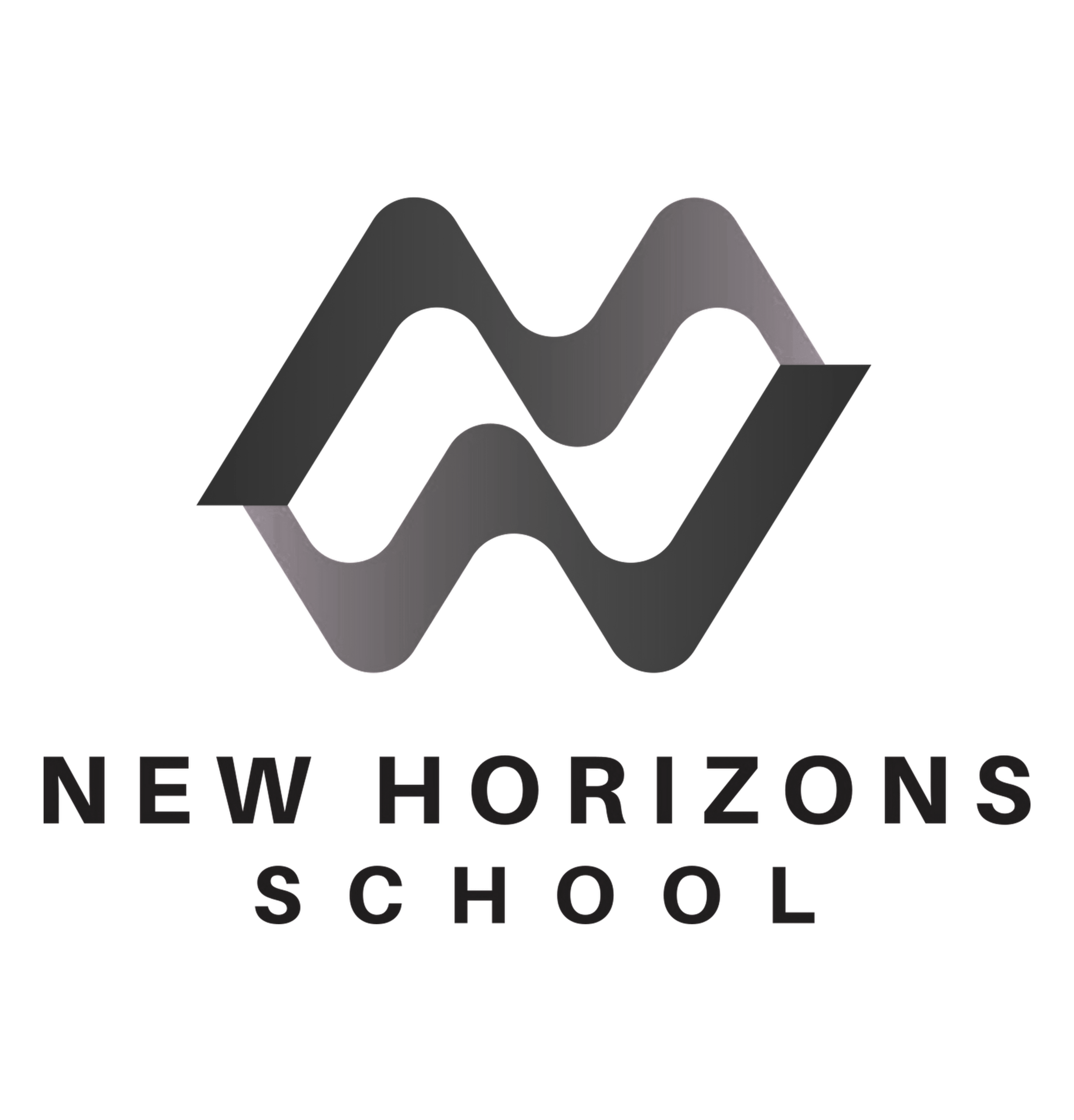 New Horizons School logo with a gray gradient abstract wave motif and the school name beneath