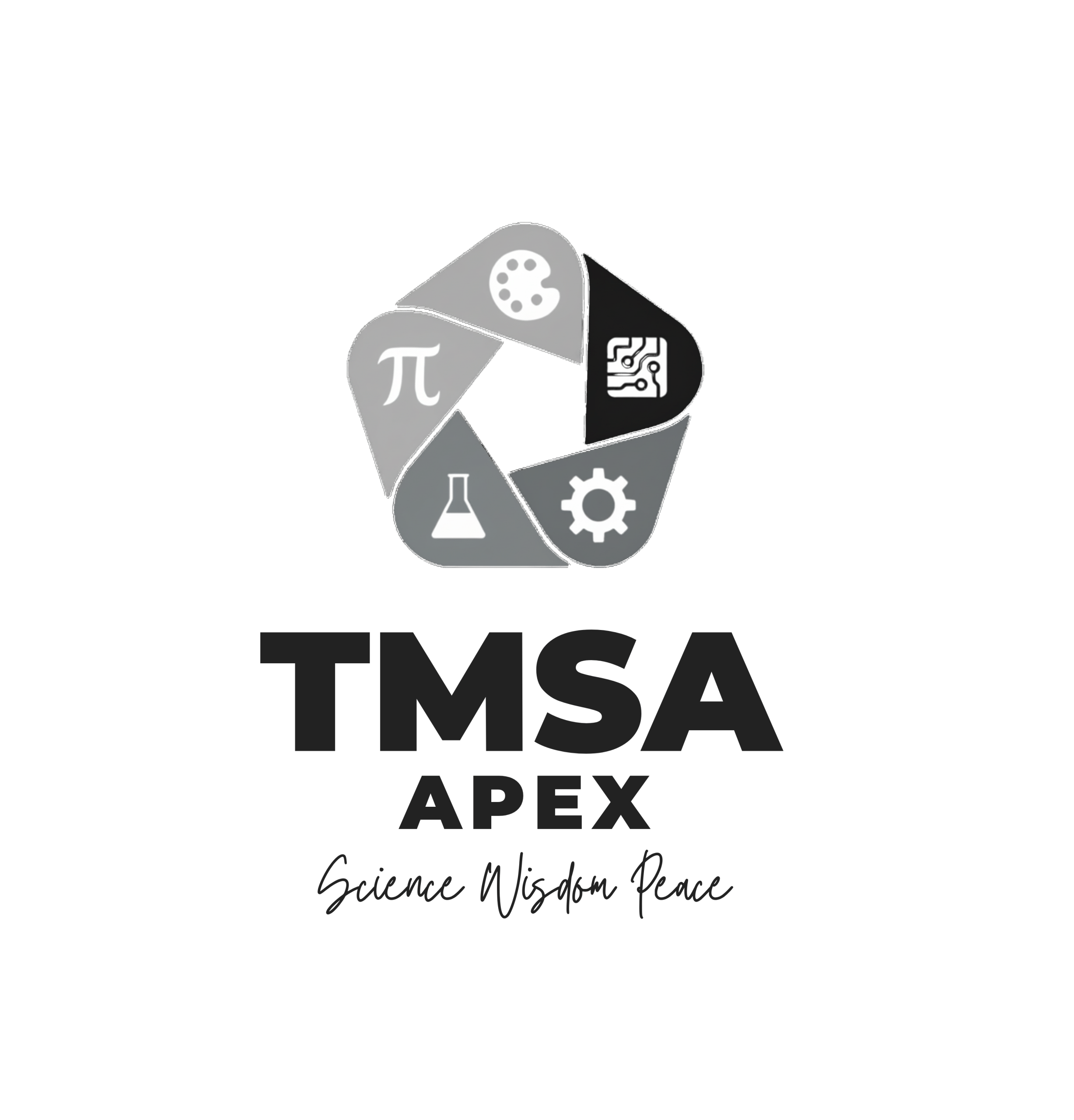 Logo for TMSA APEX featuring a ribbon emblem with science and engineering icons (beaker, gear, circuit) and the bold text 'TMSA APEX' with the handwritten slogan 'Science Wisdom Peace' beneath.