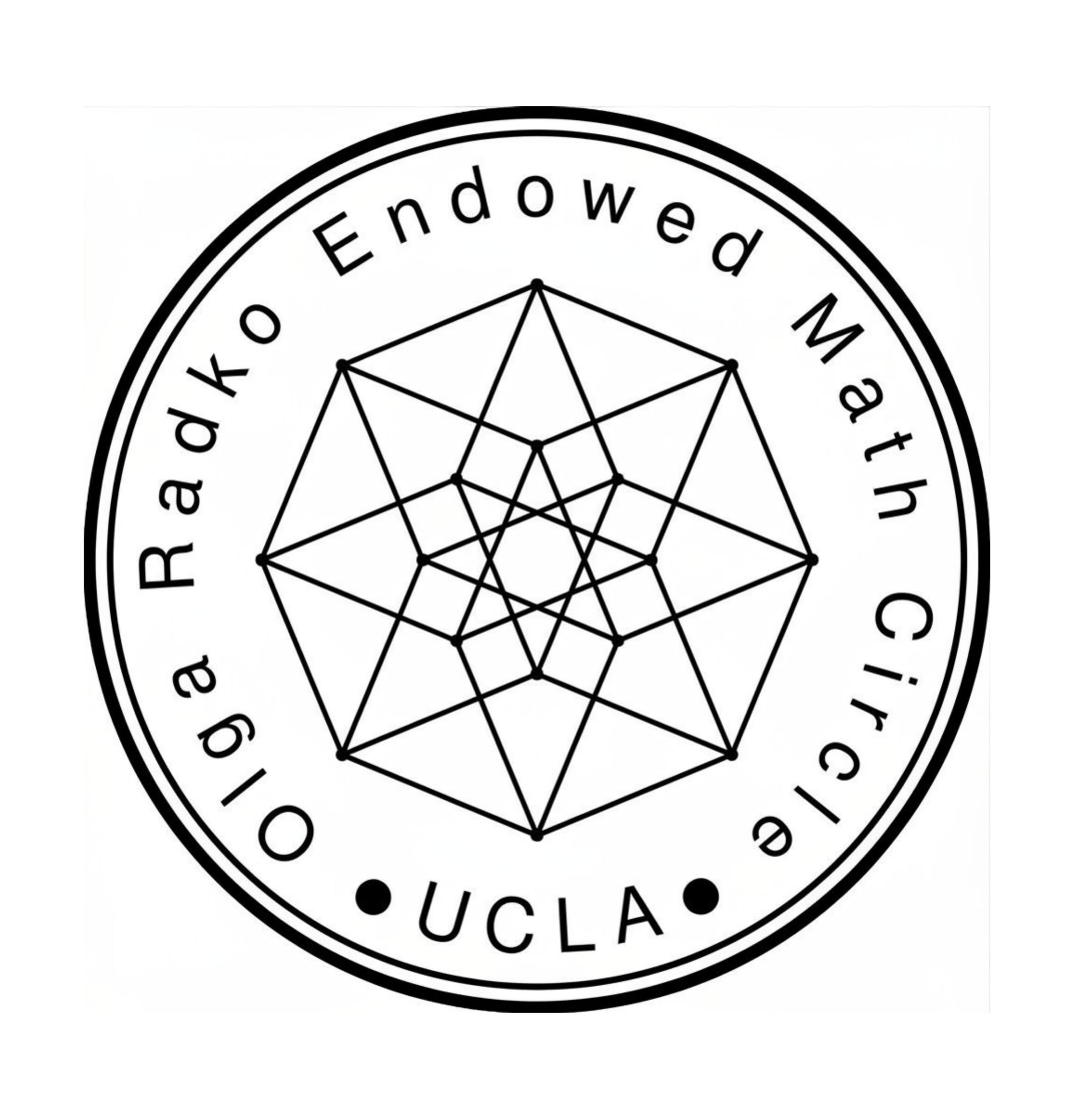 Circular UCLA seal with a geometric lattice design in the center and 'University of California' around the edge.