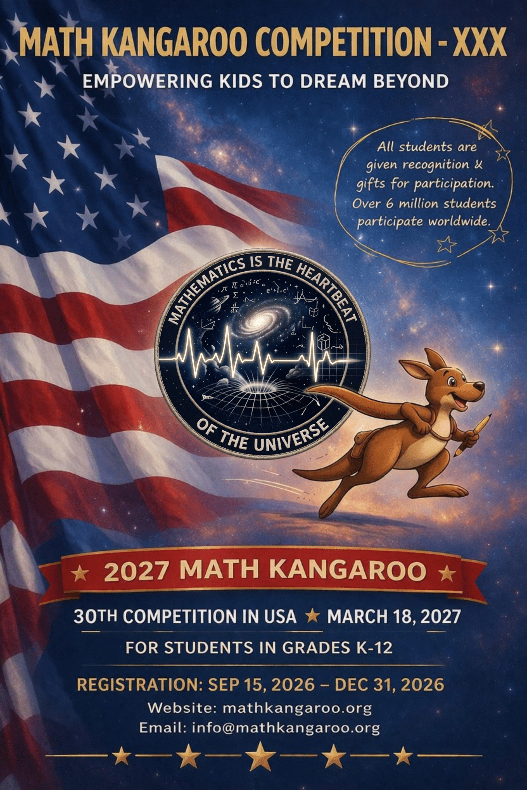 Poster advertising 2027 Math Kangaroo with the American flag, a cartoon kangaroo, and a space-themed logo reading ‘Mathematics is the heartbeat of the universe.’