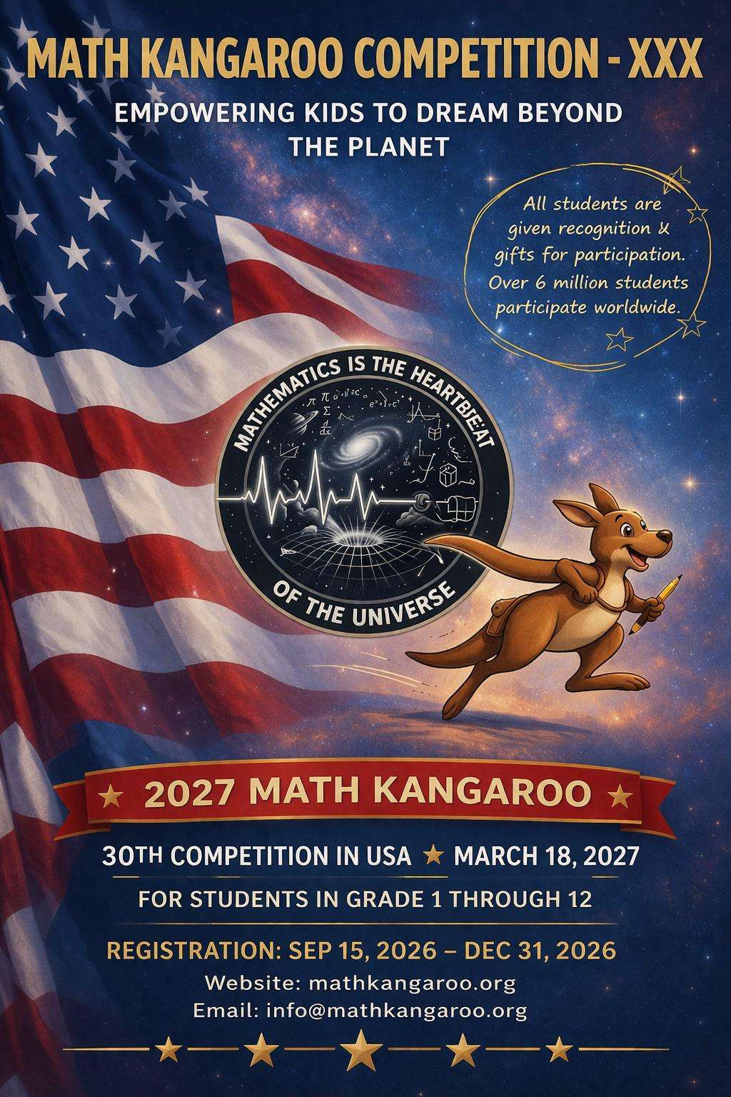Poster for the 2027 Math Kangaroo competition with an American flag background, a space theme, and a jumping kangaroo mascot; includes event title and details.