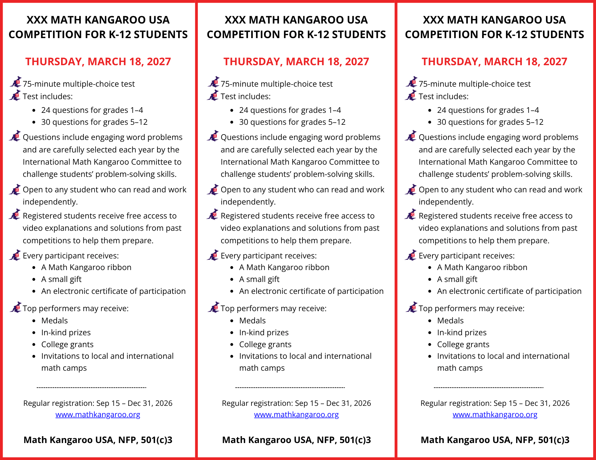 Triptych of posters advertising the XXX Math Kangaroo USA competition for K–12 students on March 18, 2027, including test details and a registration link when applicable.