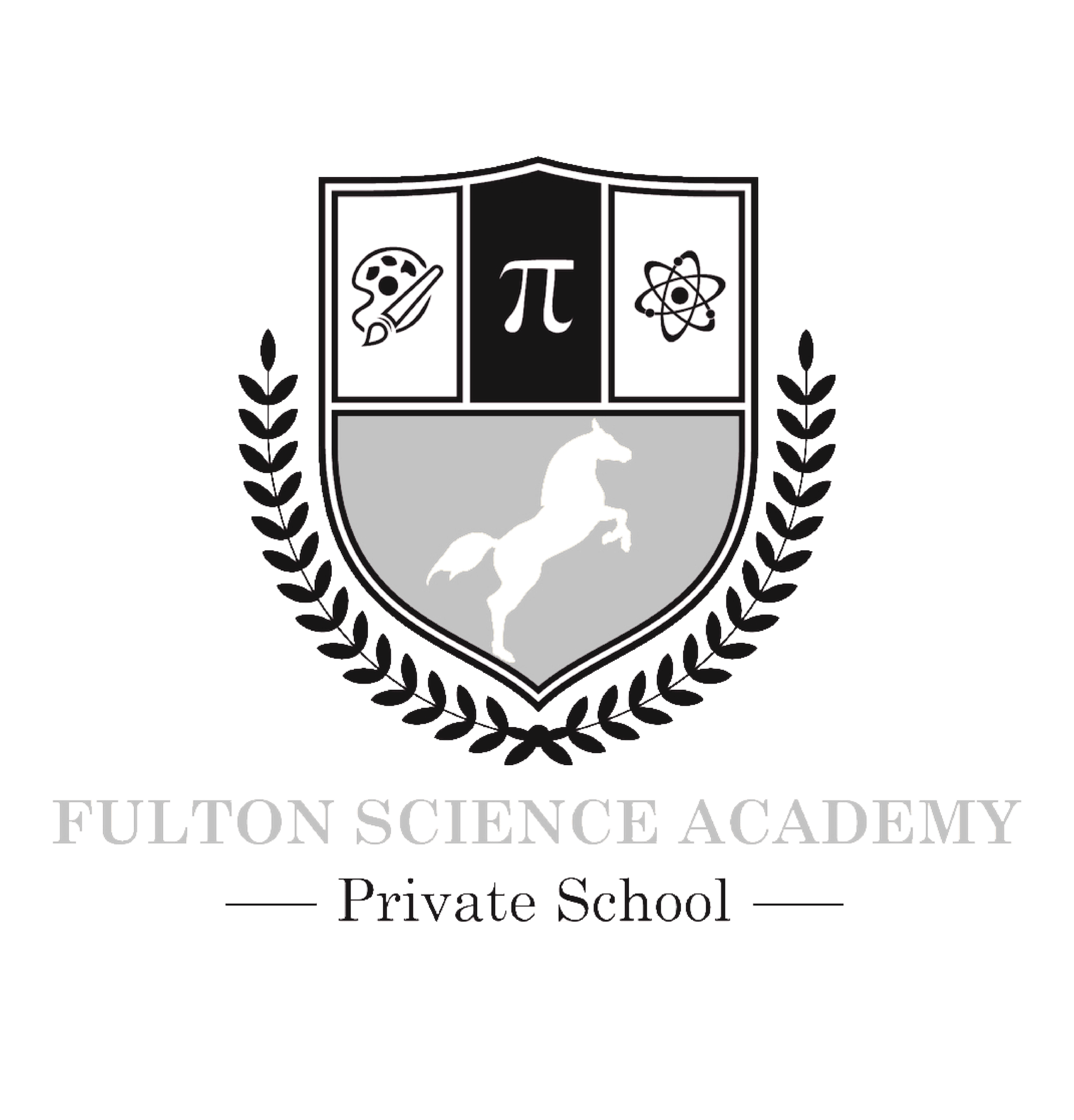 School crest for Fuliton Science Academy showing three panels with a brain/pencil symbol, pi symbol, and atom, plus a horse in the shield and laurel borders.