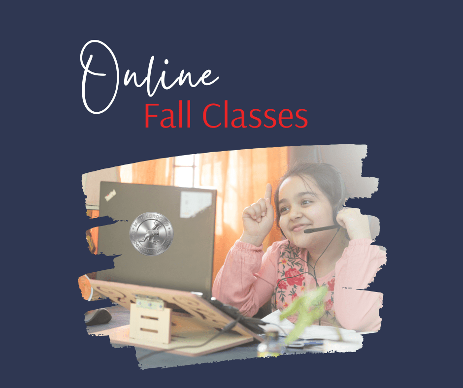 Promotional graphic reading 'Online Fall Classes' showing a girl with a headset at a laptop for online learning fall classes.