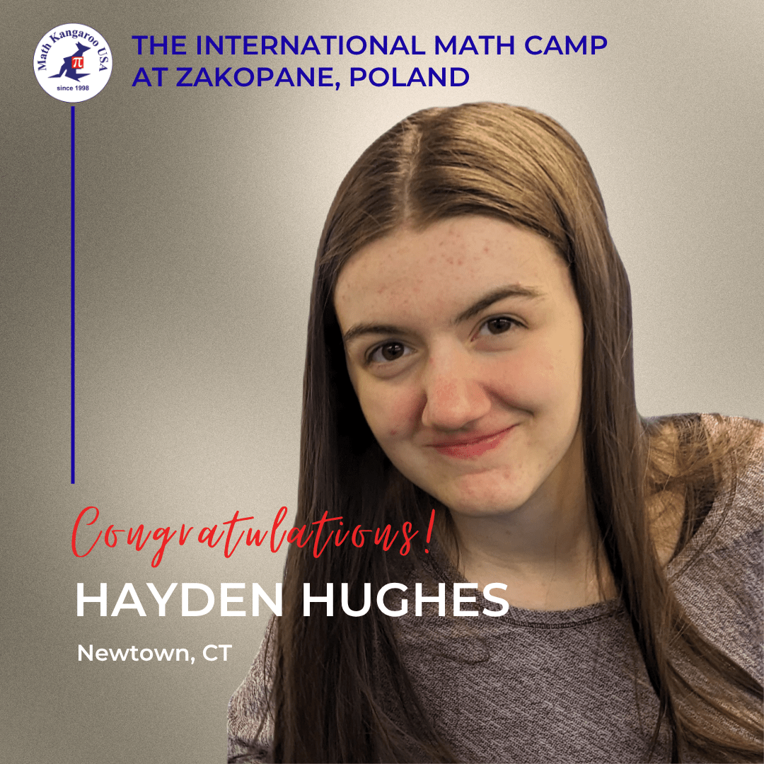 Portrait of a smiling teenage girl on an award graphic for The International Math Camp at Zakopane, Poland; Newtown, CT is noted on the design, left-aligned logo present.