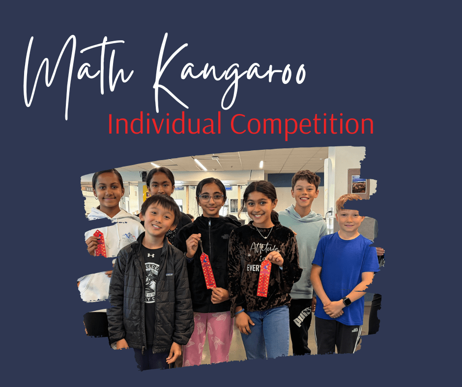 Poster-style image announcing 'Math Kangaroo' Individual Competition with a diverse group of smiling students holding ribbons against a dark blue background.