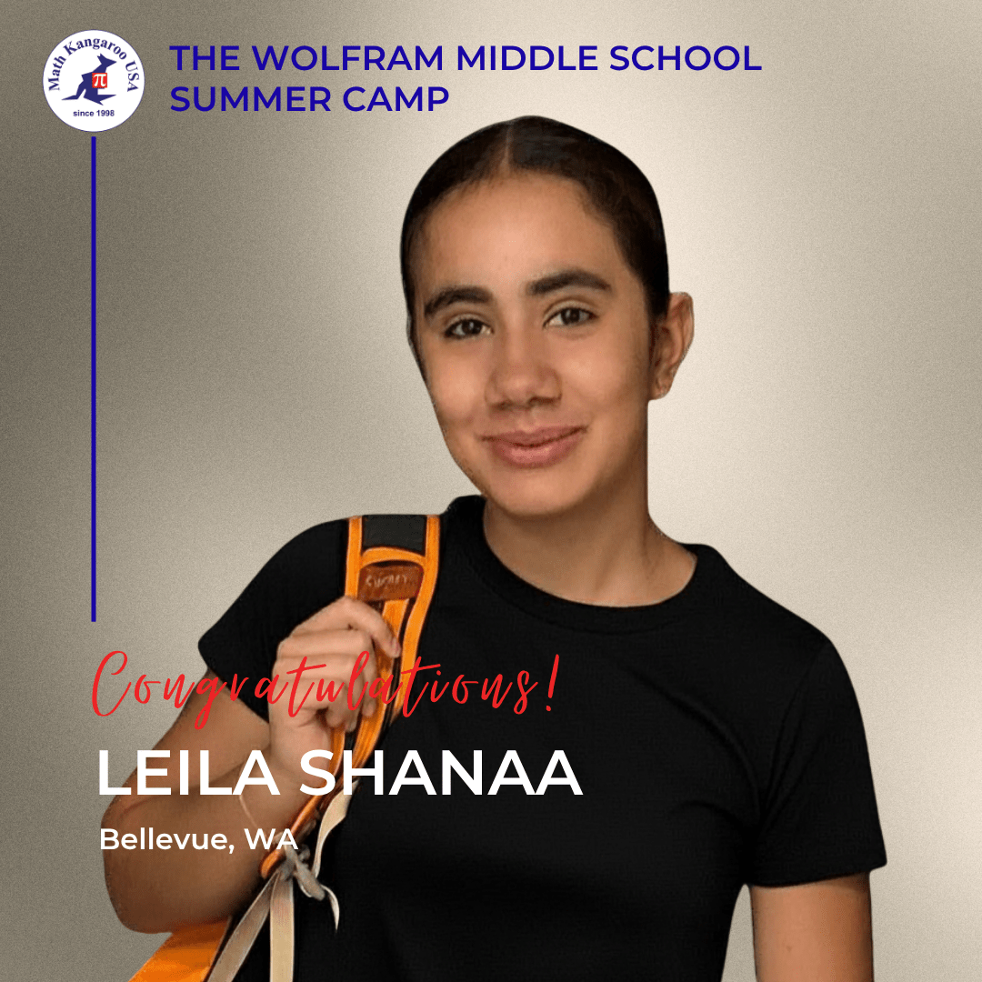 Portrait of Leila Shanaa smiling, with an orange backpack, congratulated at The Wolfram Middle School Summer Camp in Bellevue, WA.