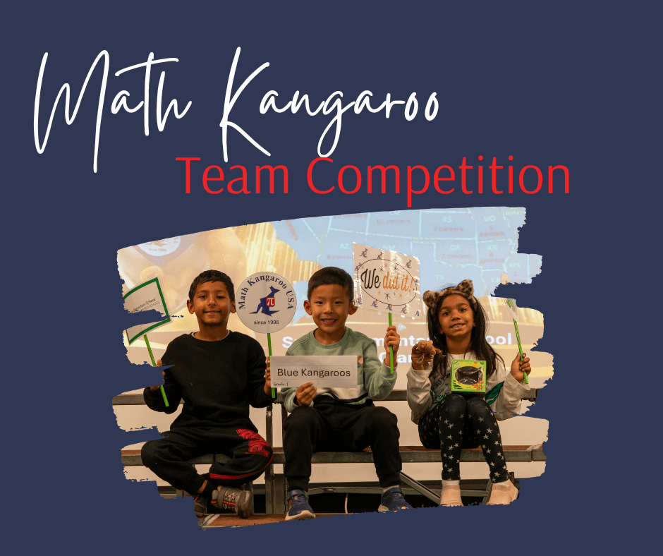 Three kids sit on a bench holding team signs at a Math Kangaroo Team Competition, with a navy backdrop and the large event title above.