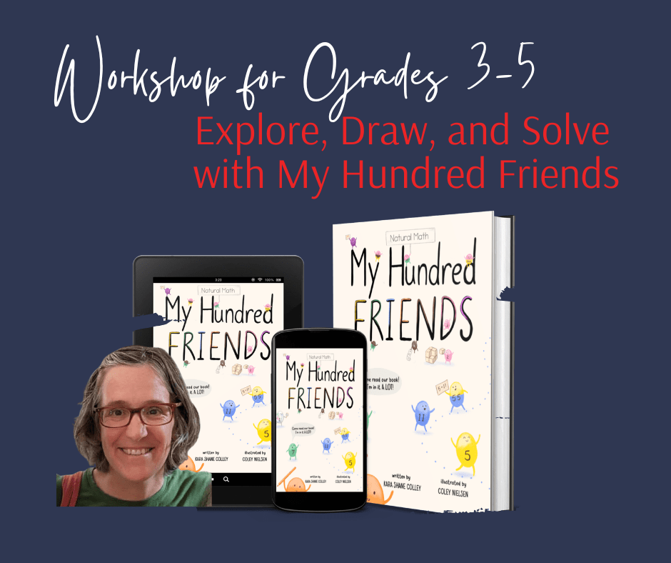 Promotional banner for a Grades 3–5 workshop: 'Explore, Draw, and Solve with My Hundred Friends,' showing devices, a book, and a presenter photo.