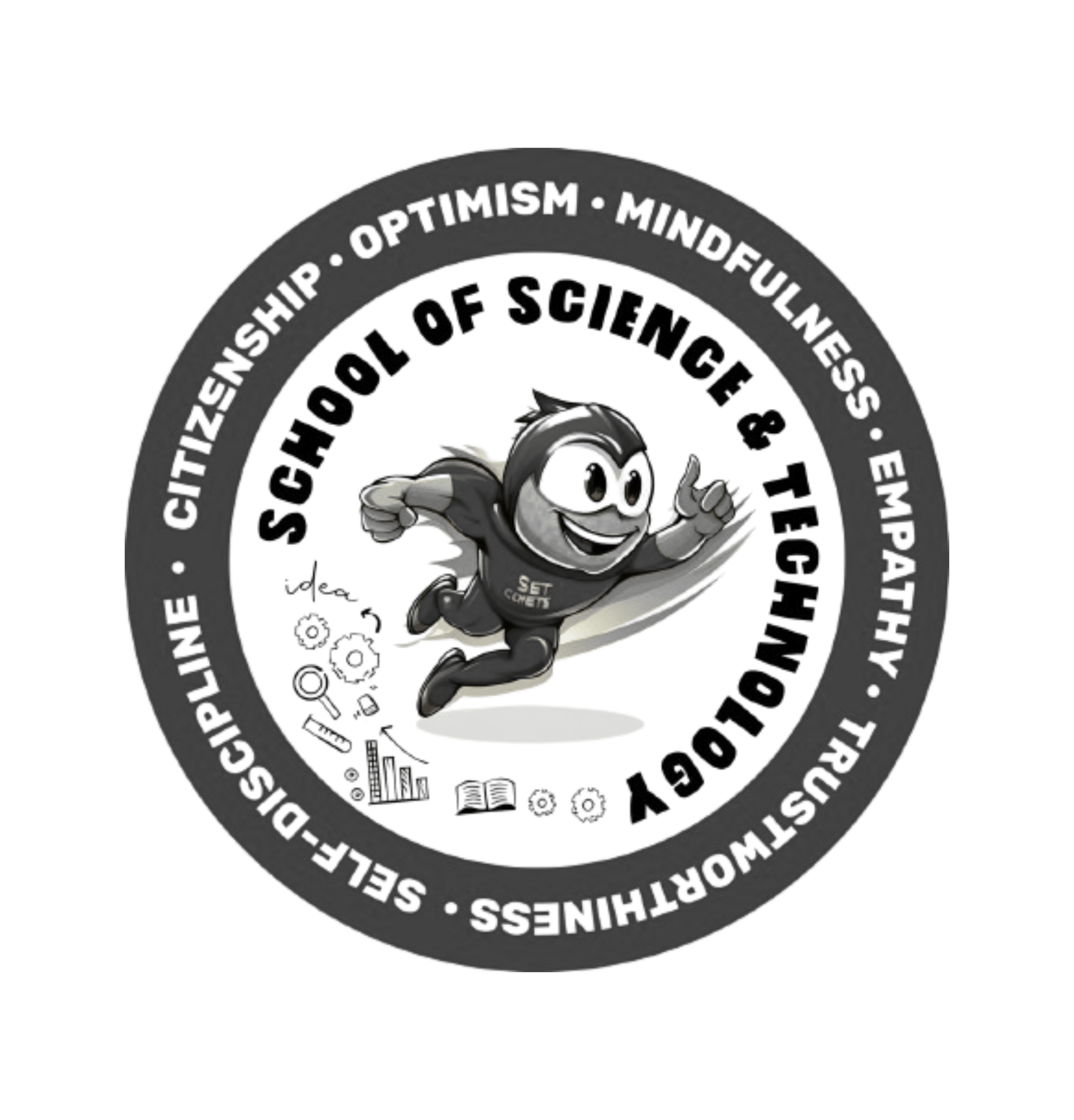 3 (2) Circular badge featuring a dynamic cartoon character running inside a ring, with text along the outer rim (text partially visible).