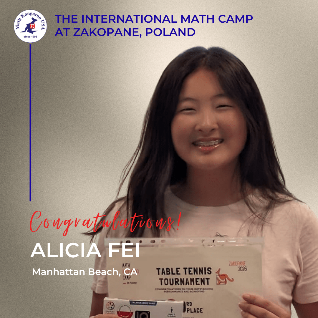 Smiling girl holding a certificate as an overlay shows 'Congratulations! ALICIA FEI, Manhattan Beach, CA' with a banner reading 'THE INTERNATIONAL MATH CAMP AT ZAKOPANE, POLAND' and a logo in the top-left corner.