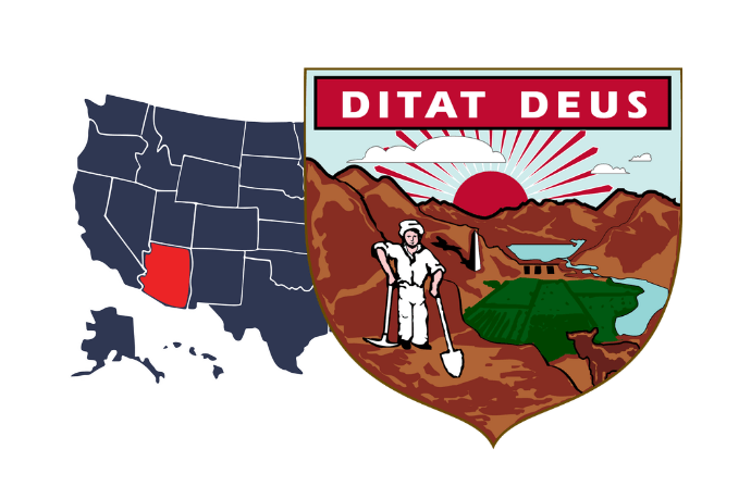 Map of the United States with California highlighted in red, next to a heraldic shield showing a desert landscape, sun, mountains, a farmer holding a shovel, and a green terraced area, with the motto 'DITAT DEUS' at the top of the shield.