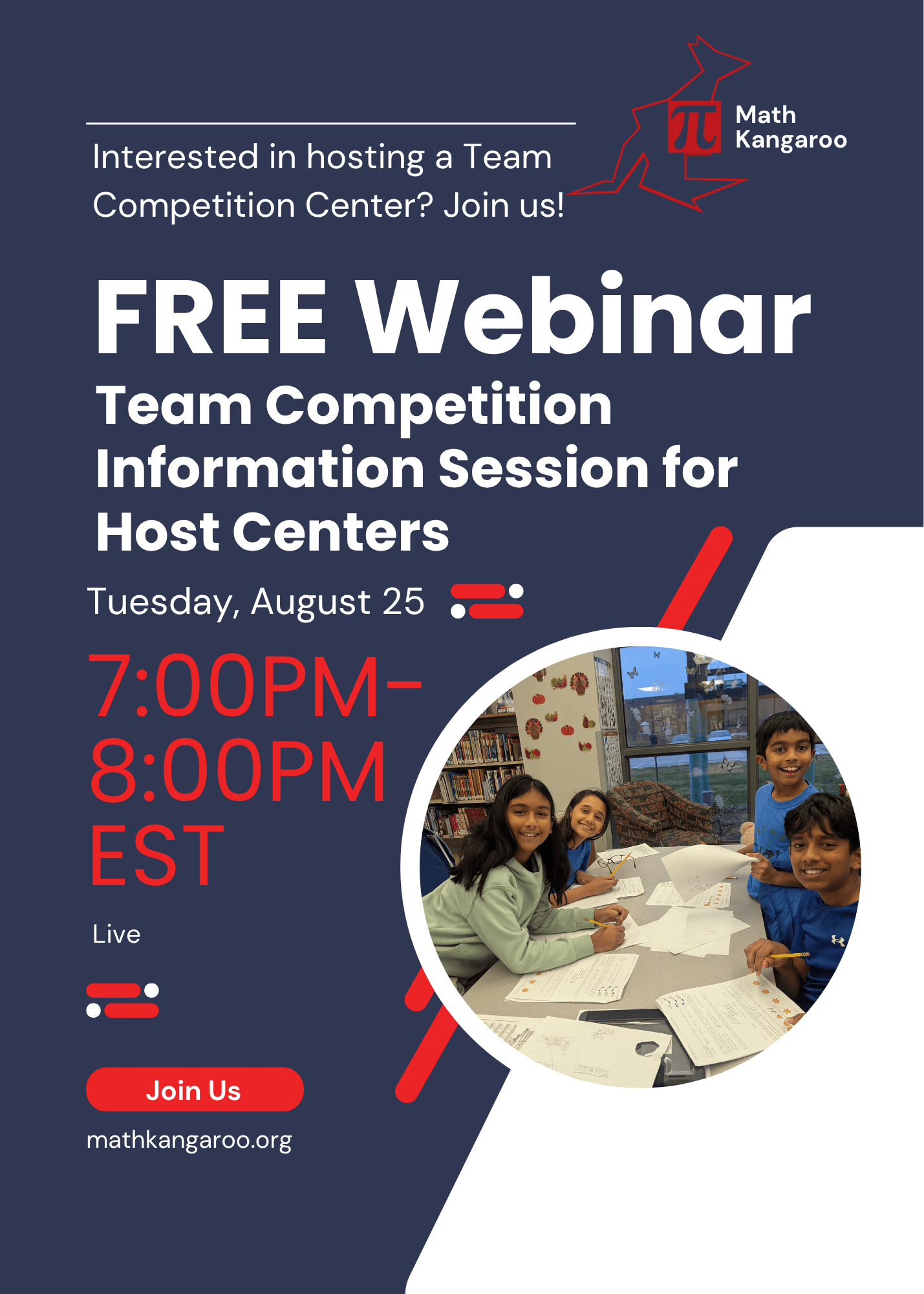 Poster advertising a FREE Webinar for Math Kangaroo; circular photo of smiling kids on the right.